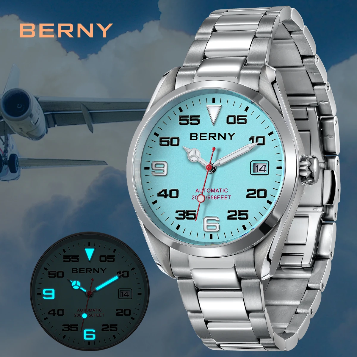 

BERNY 20ATM Waterproof BERNY NH35 Men Watch Mechanical Wristwatch Male Auto Date Stainless Steel Fashion Automatic Watch For Men