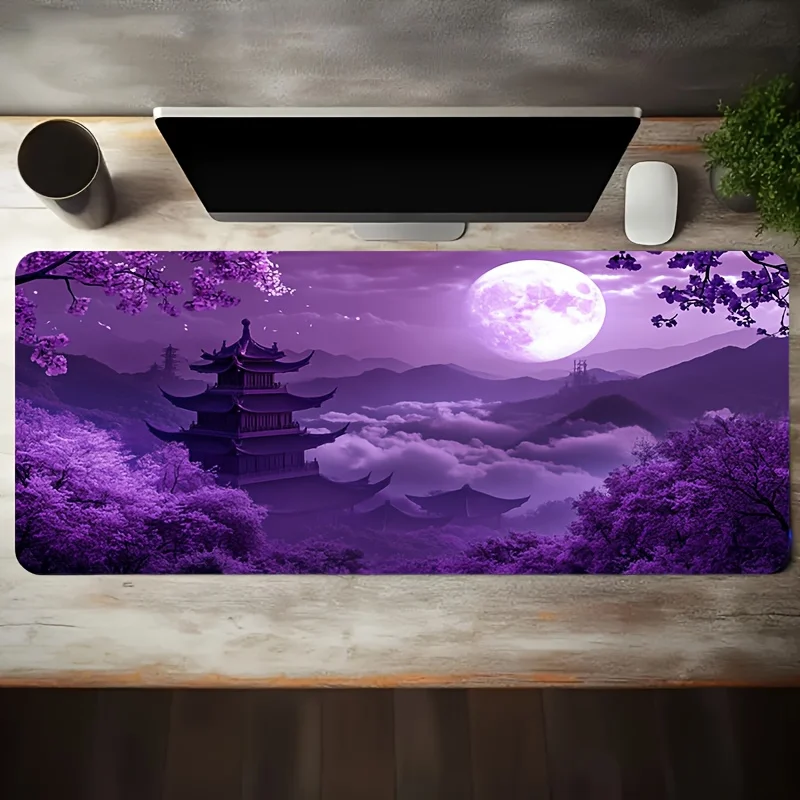 Purple Night Pagoda Gaming Mouse Pad, Large Non-Slip Desk Mat with Moonlit Landscape Print for Gamers & Cozy Home Office