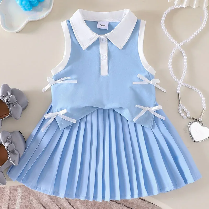 2Piece 2025 Summer Girls Outfit Sets Korean Fashion Cute Bow Sleeveless Cotton Blue Baby Tops+Skirt Boutique Kids Clothing B062