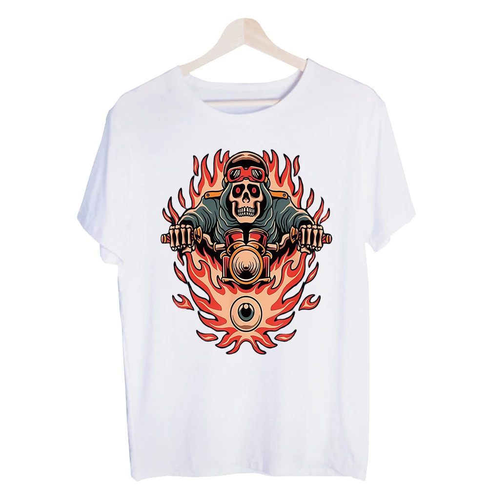 Men's Skull and Flame Motorcycle Graphic Tee, Short Sleeve Streetwear T-Shirt for Casual Daily Wear