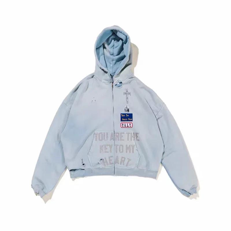 

2025fw толстовка на молнии Paly Diamond для мужчин и женщин, винтажное потертое синее пальто с поврежденными отверстиями, кардиган, пуловер