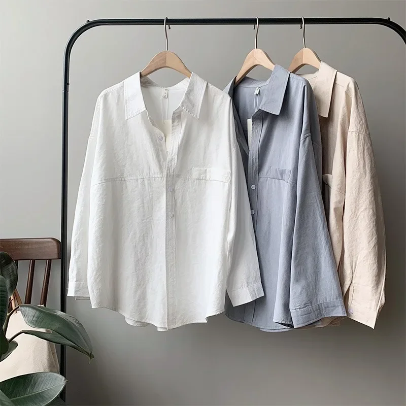 

Cotton Women's Shirt Spring/summer New Vintage Blouses Polo-neck Ladies Clothing Loose Fashion Long Sleeves Solid Tops