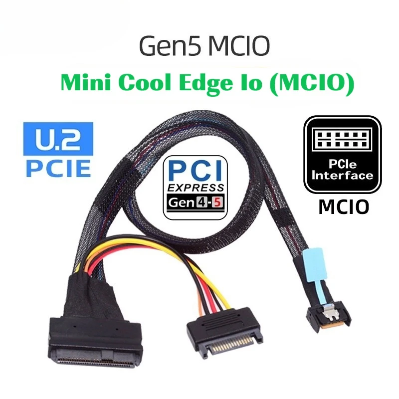 PCI-E Gen5 MCIO 4X 38Pin To SFF-8639 U.2 SSD Adapter Cable with SATA Power Supply 4l To SAS 8639 U.2 with 15PIN SATA Power Cable