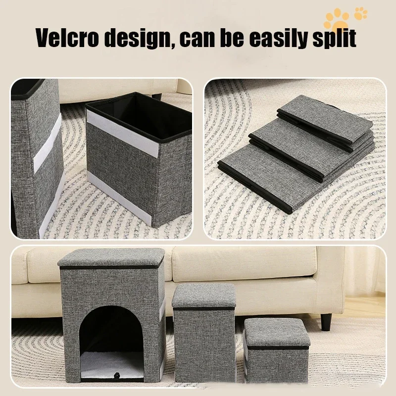 Foldable Thickened Puppy Stairs W/ Storage Box Strong Durable Dog Bed 3 Steps Stairs Ramp W/ A Hole Cat Bed for Dog Accessories