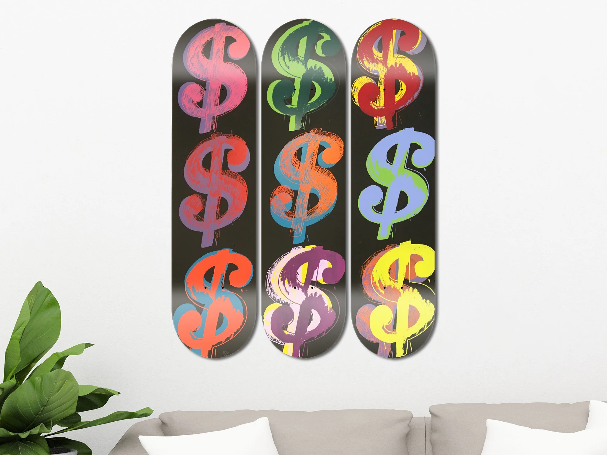 Pop Art Multicolor Dollar Sign Skate Deck Wall Art, Black Background Graffiti Money Symbol 3 Panel Skateboard Wall Decor