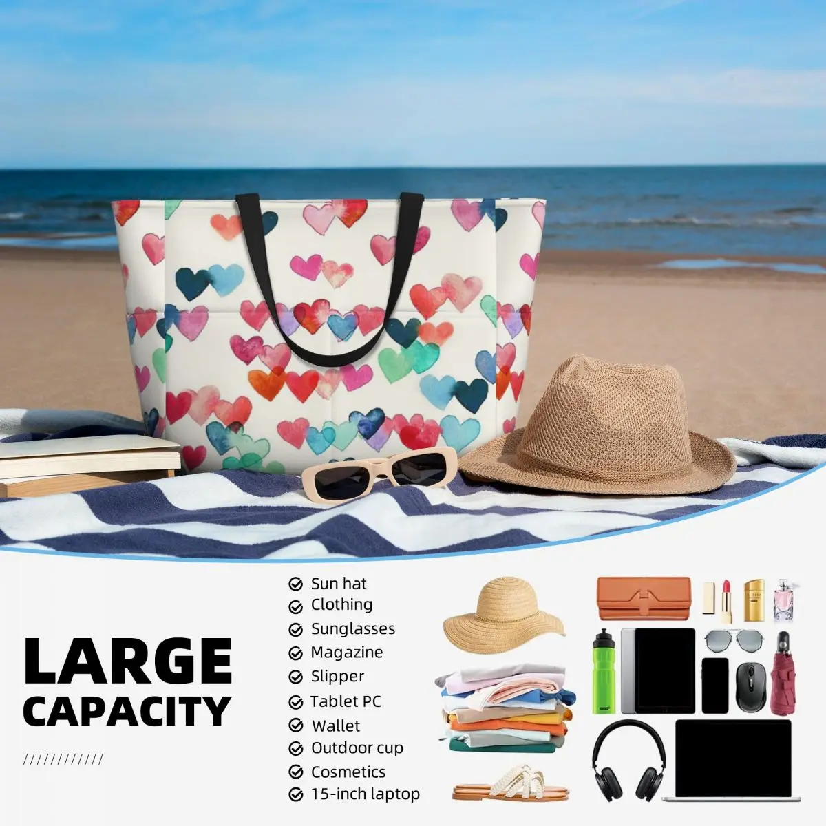 Coração Conexões Beach Travel Bag, Holiday Tote Bag, Compras, Presente de Aniversário, Multi-Style Pattern