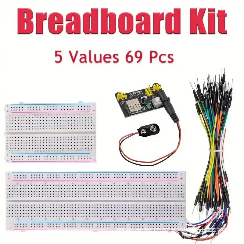 Conjunto de placa de ensaio 69 peças MB-102 módulo de alimentação + placa de ensaio de 830 furos + fio de placa de ensaio clipe de bateria de 9V
