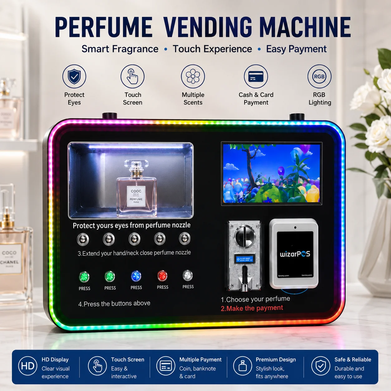 Luxury RGB Light Automatic Perfume Spray Machine 5 Flavors Coin Cash Operated Fragrance Vending Machine for Shopping Centers