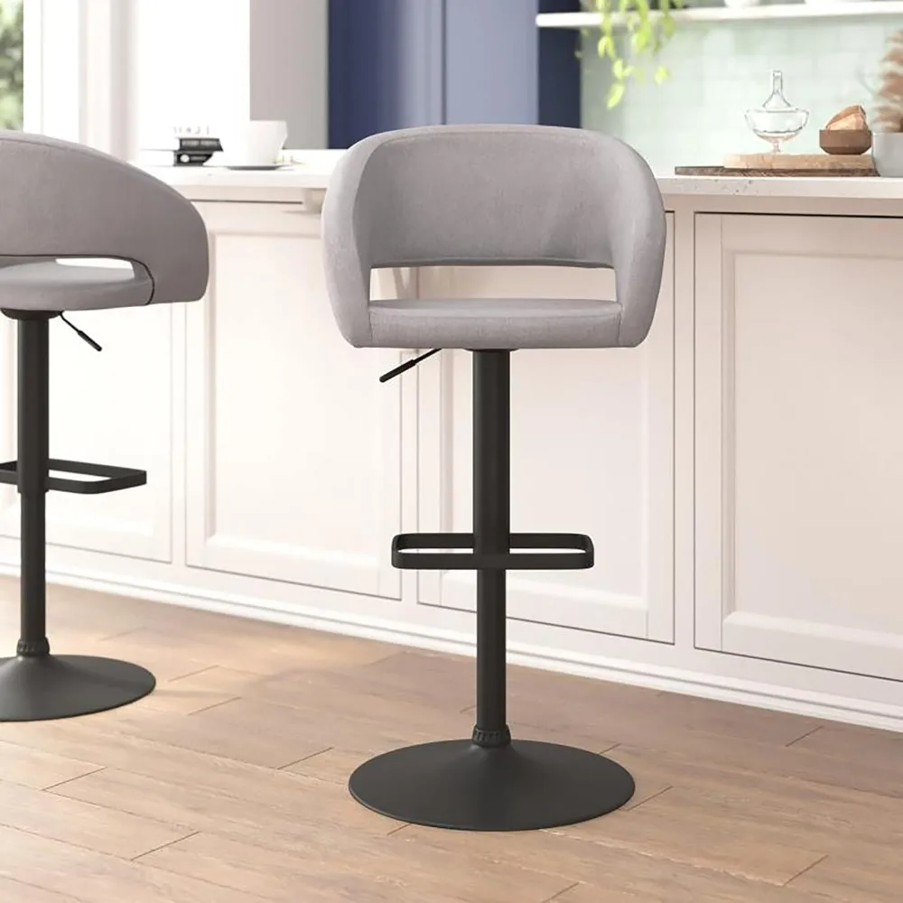 Contemporary Adjustable Height Barstool with Footrest and Rounded Mid-Back, Upholstered Bar or Counter Height Stool