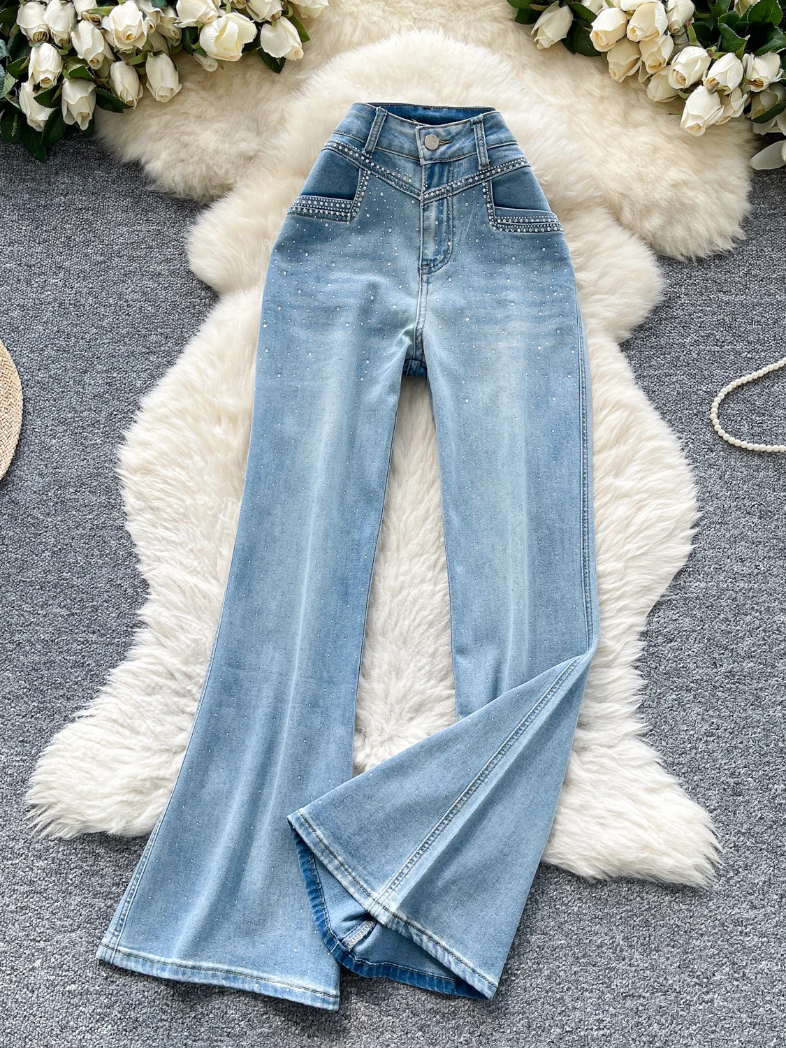 

Light Wa Denim High Waist Wide Leg Draped Vintage Design Street Sle Sexy Women's Long Pants Summer Casual Glittery