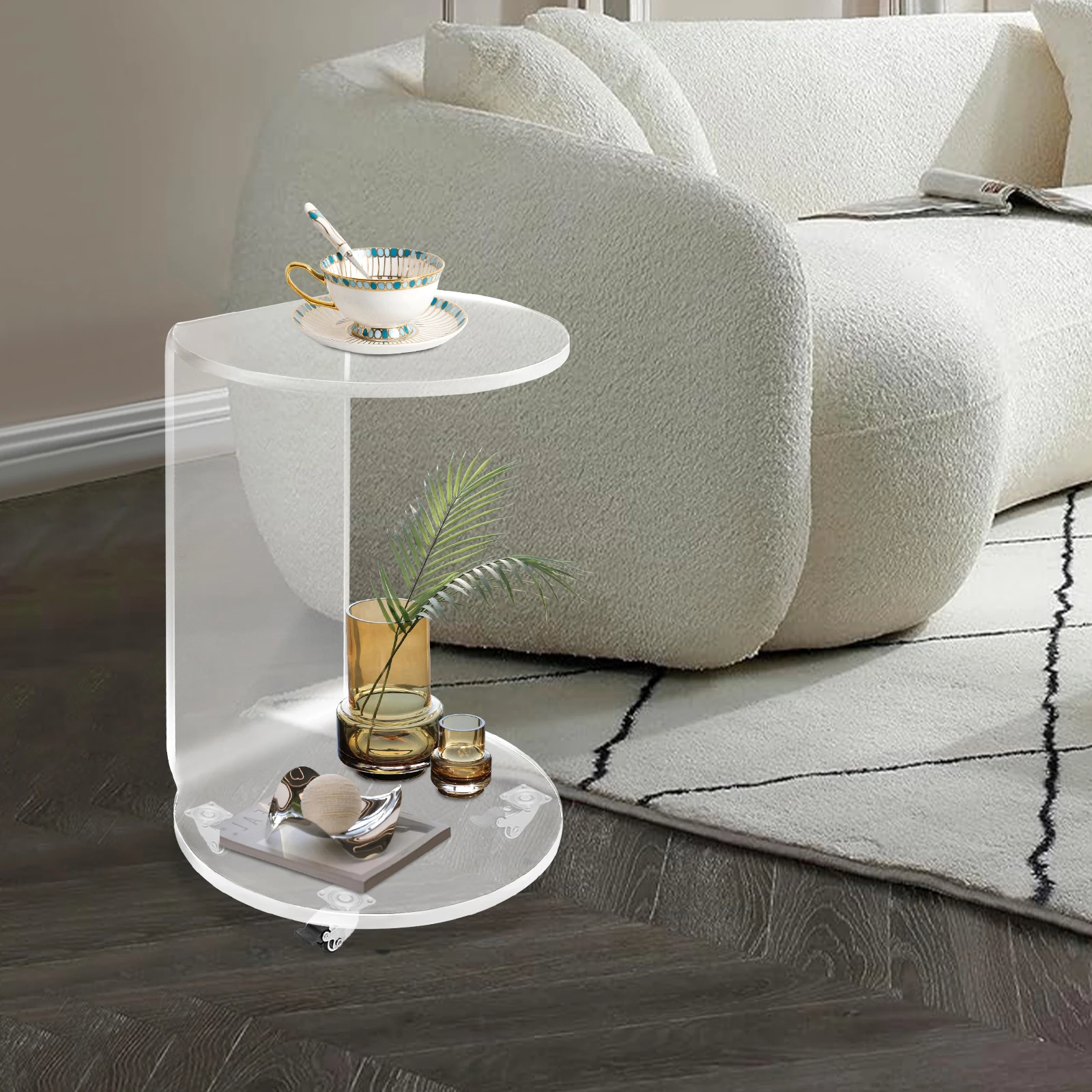 

2-Tier Acrylic Nightstand Side Table 22”Mobile C-Shape End Table Polished Rust-Proof with 4 Locking Wheels Clear Round Coffee Table for Living Room Bedroom