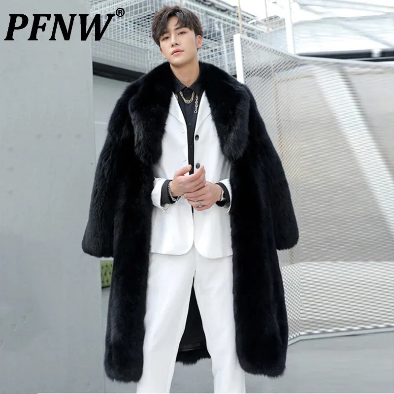 PFNW Autumn Winter New Men's Black Lapel Faux Fur Coat Thickened Warm Knee Length Overcoat 2024 Trend New Cardigan Coats 12C1886