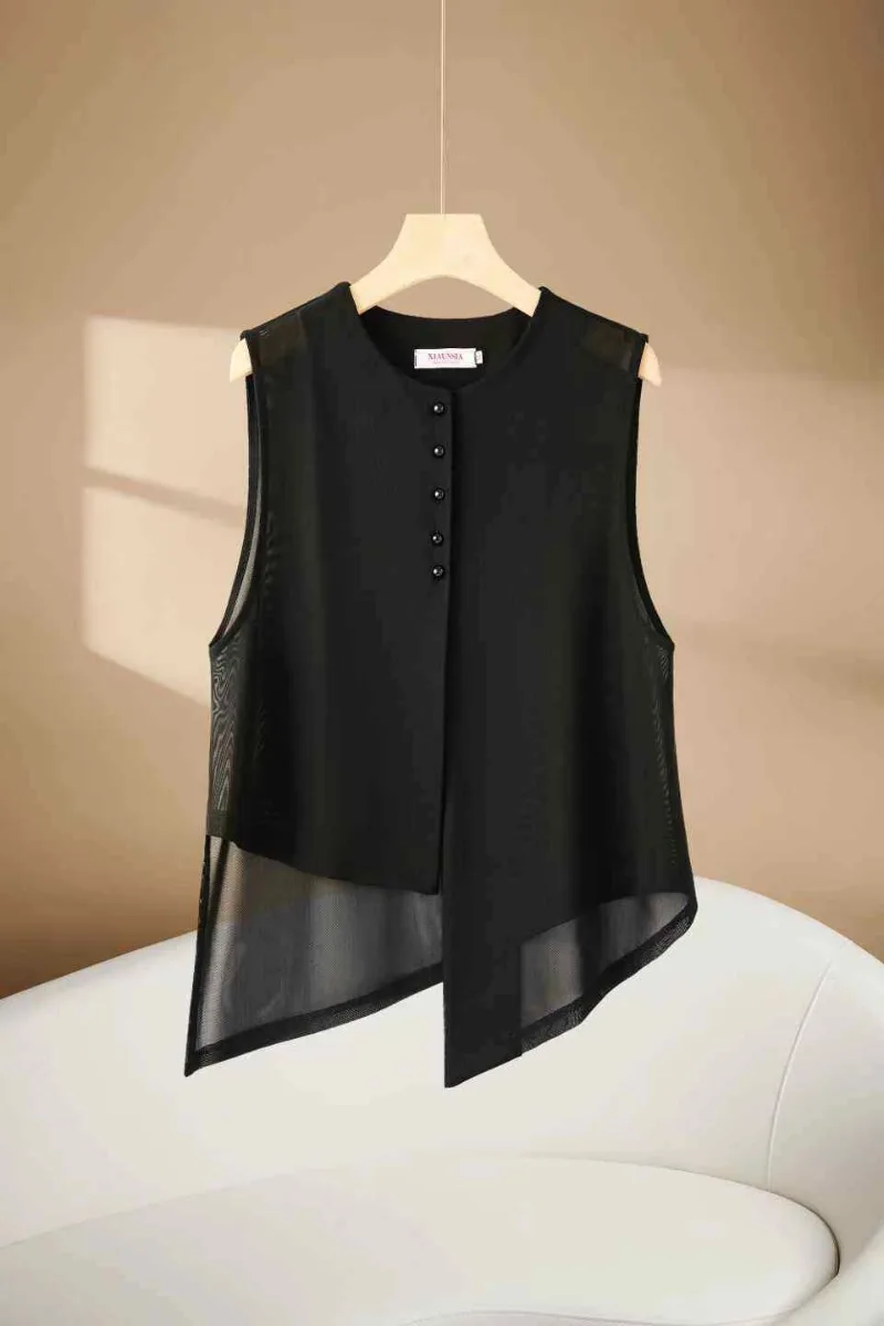 Summer Mesh Vintage Temperament O Neck Sleeveless Vest Office Lady Lrregular Design Vest Single Breasted Women Clothes