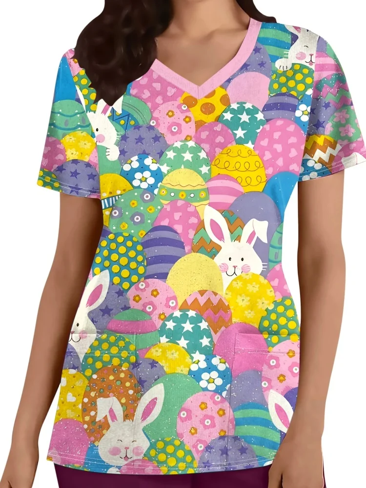 Easter Scrubs Uniform Woman Fashion Bunny Print V-Neck Vet Clinical Uniform Summer Short Sleeve with Pocket Nurse Uniform Woman