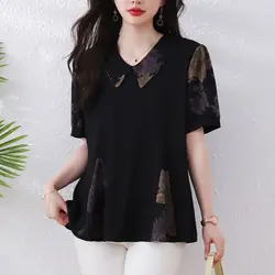 Women's Pullover Summer Geometric Pattern Patchwork Chiffon Short Sleeve Turn-down Collar T-shirt Casual Elegant Loose Tops