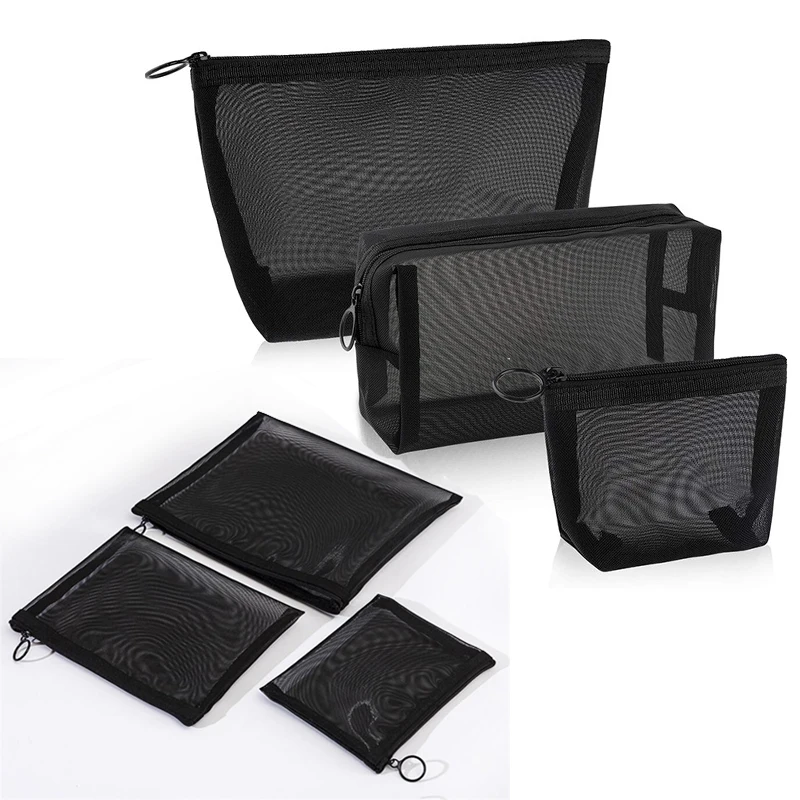 1pcs Transparent Mesh Zipper Cosmetic Bag Women Necessary Organizer Fashion Small Large Black Toiletry Bags Makeup Pouch Case