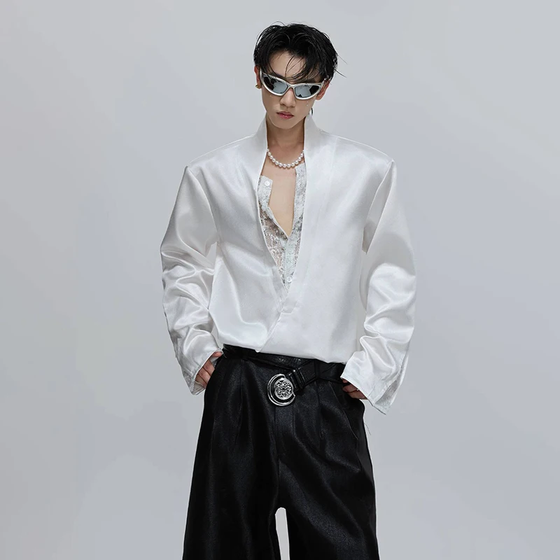 LUZHEN Elegant Temperament Big V Neck Shoulder Pad Long Sleeve Shirts Men's 2025 Autumn Solid Color Handsome Casual Tops JY4496