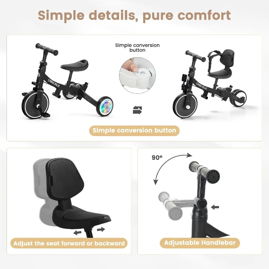 دراجة ثلاثية العجلات 5 في 1 للأطفال الصغار 1-3 دراجة أطفال قابلة للتحويل مع مقبض دفع ودواسات قابلة للإزالة دراجة توازن مع ضوء ملون #6