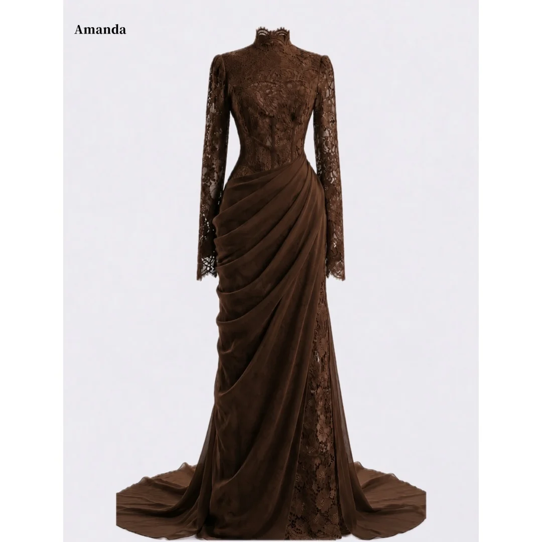 Amanda Customized Brown High Neck Lace Long Sleeve Draped Chiffon Mermaid Formal Evening Prom Dress vestidos de noche 2026 New