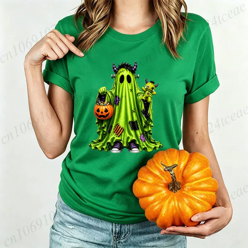 Halloween Women Tshirt,Green Monster Ghost Halloween Graphic Tees,pumpkin Candy Bucket T-Shirts,spooky Funny Halloween Shirt,
