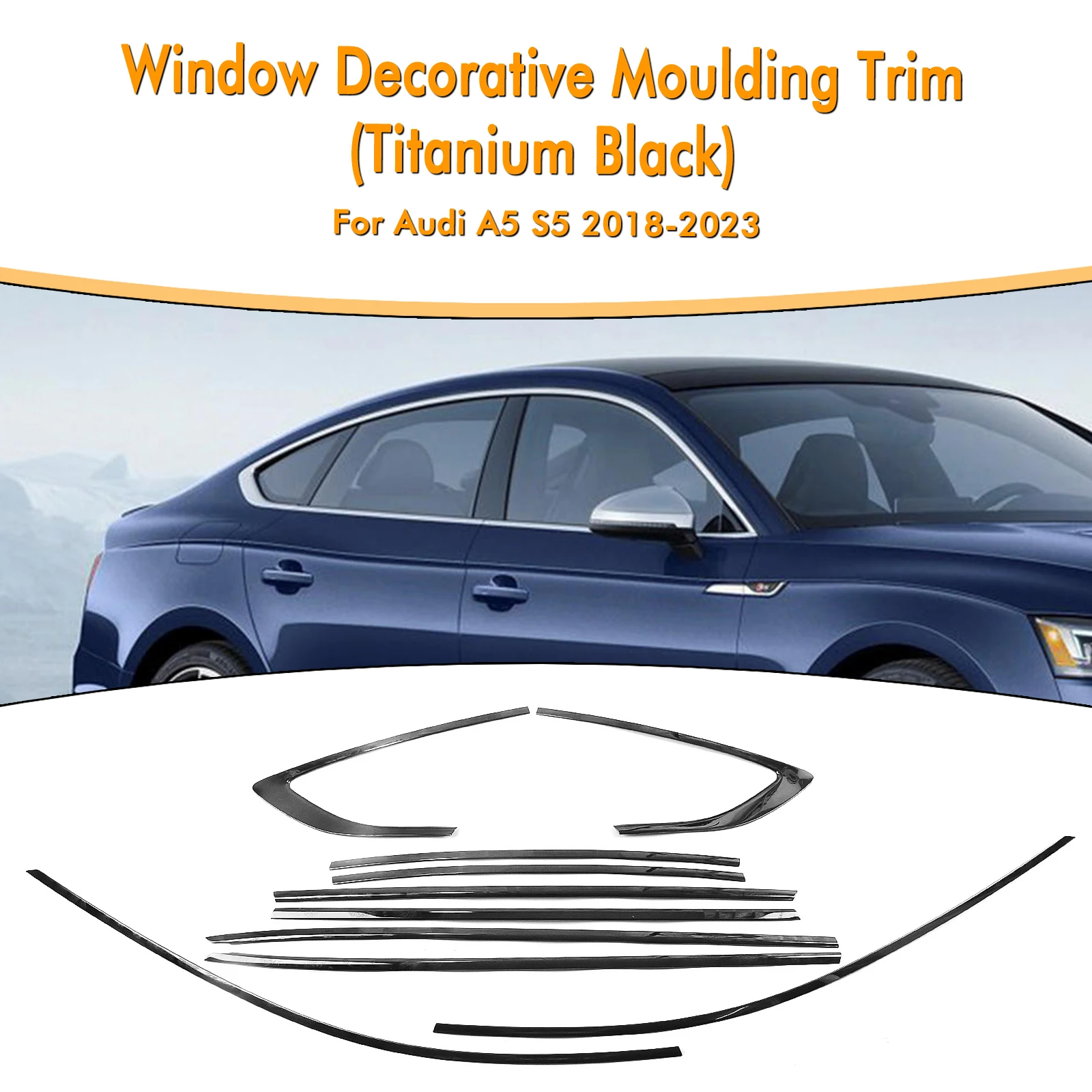 

For AUDI A5 S5 2018-2023 4 Door Exterior Window Trim Strip Cover Titanium Black Door Waterproof Seal Shade Moulding Decorative