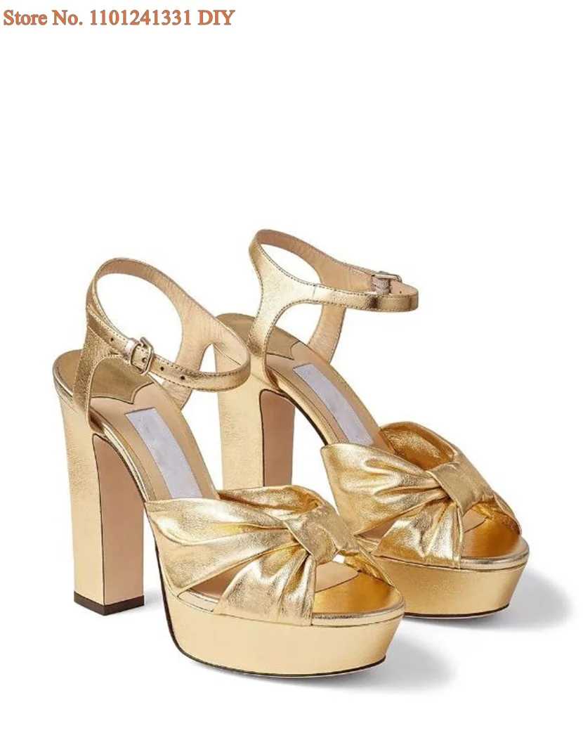 Gold Metallic Leather Thick Platform Bowtie High Heel Sandals Women Chunky Heeled Waterproof Women\'s Embellished Dress Shoes