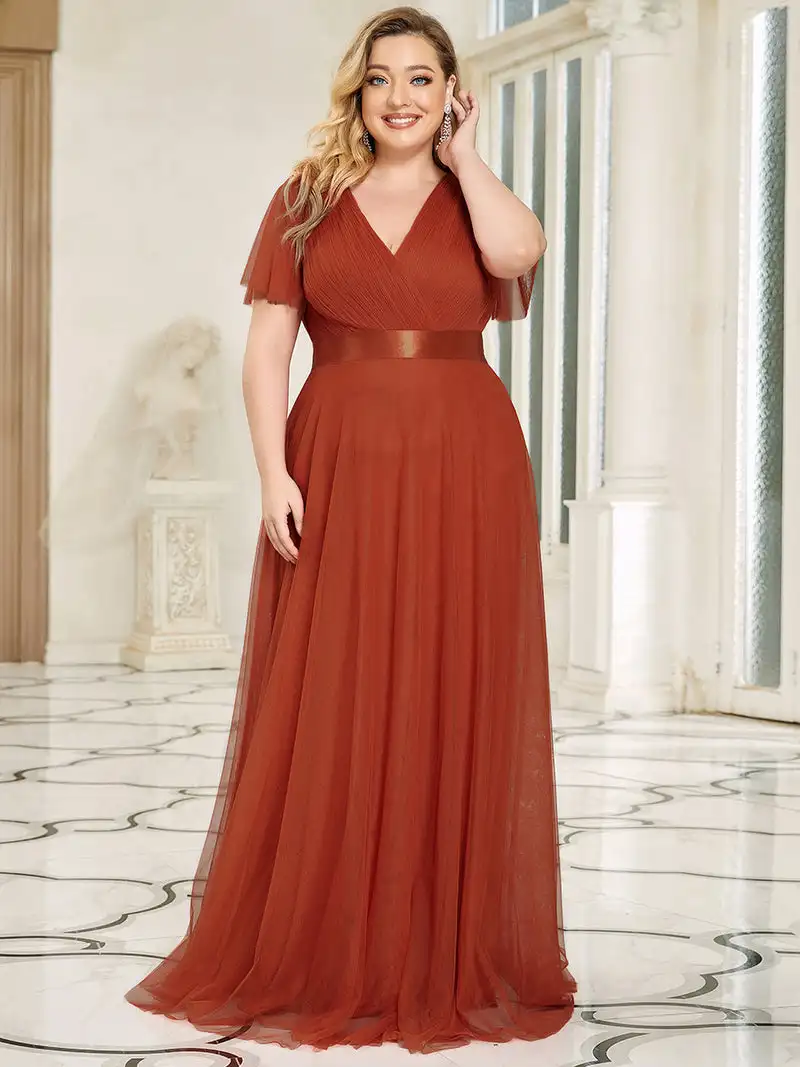 Plus Size Elegant Evening Dress Long V neck Lace Sleeves A-Line  Floor-Length Gown 2024 Ever Pretty of Simple Prom Wome Dress