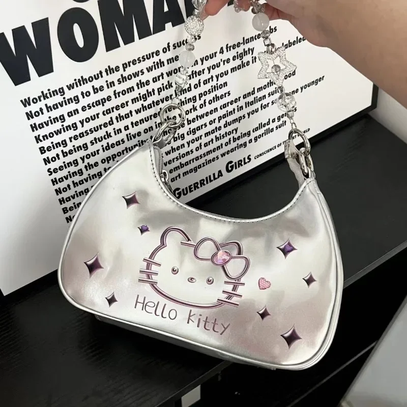 Hello Kitty Bag 2024 New Silver Fashion Handbag Handmade Printed Cartoon Underarm Single Shoulder Crossbody High-end Crescent