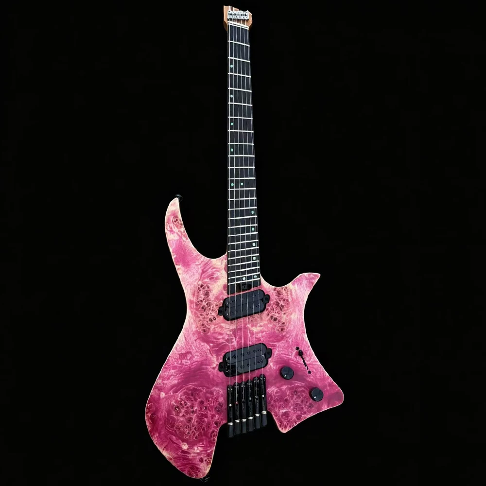 6 String Headless Electric Guitar Fanned Frets Ebony Fretboard Luminous Dots 9 Piece Neck Pink Burl Maple Stainless Steel Frets