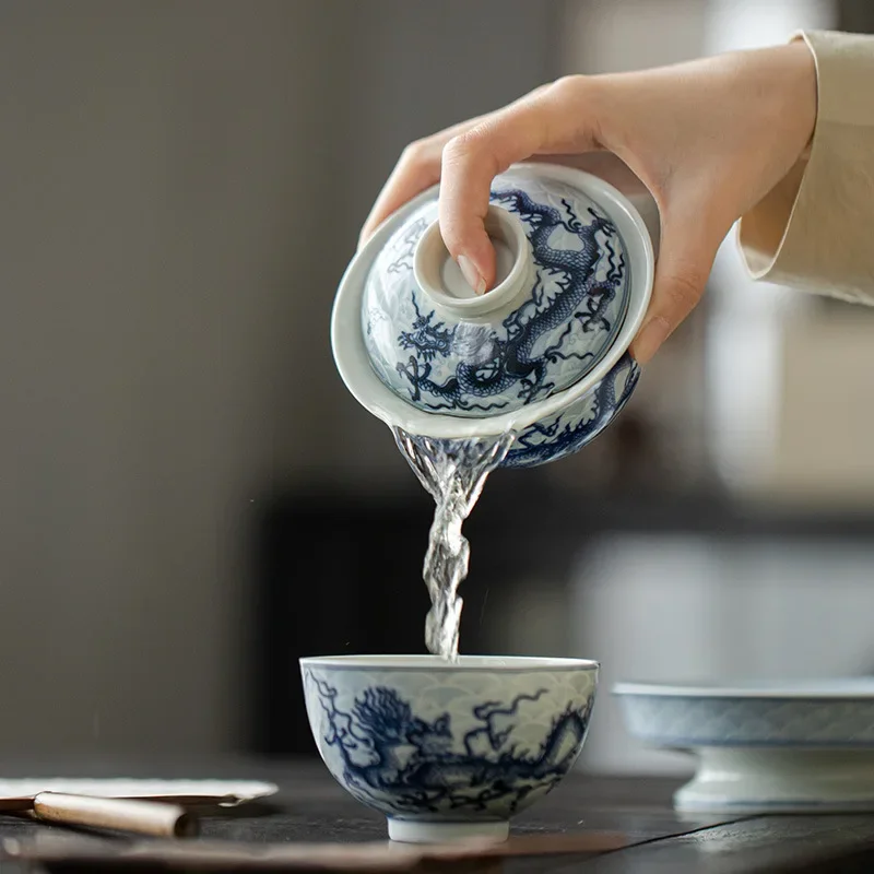 Retro Antique Blue and White Underglaze Color Dragon Gaiwan Chinese Kungfu Tea Making Bowl Tea House Household Bowl