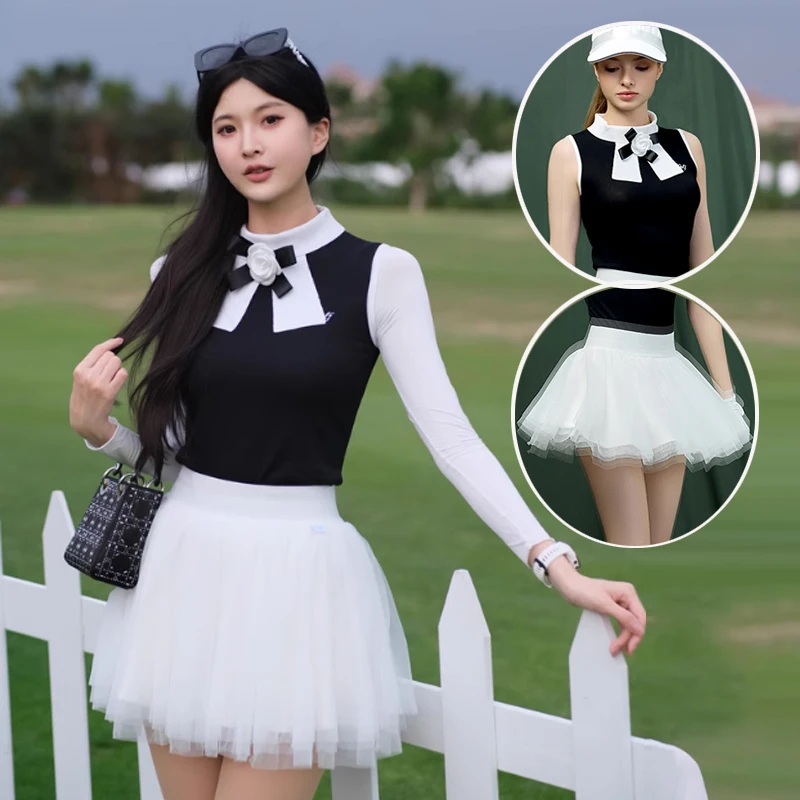 

MG New Golf Women Tank Tops Summer Sleeveless Bow Flower T-shirt Ladies Slim Lace Tutu Skirt Double Layer Golf Skorts XS-XL