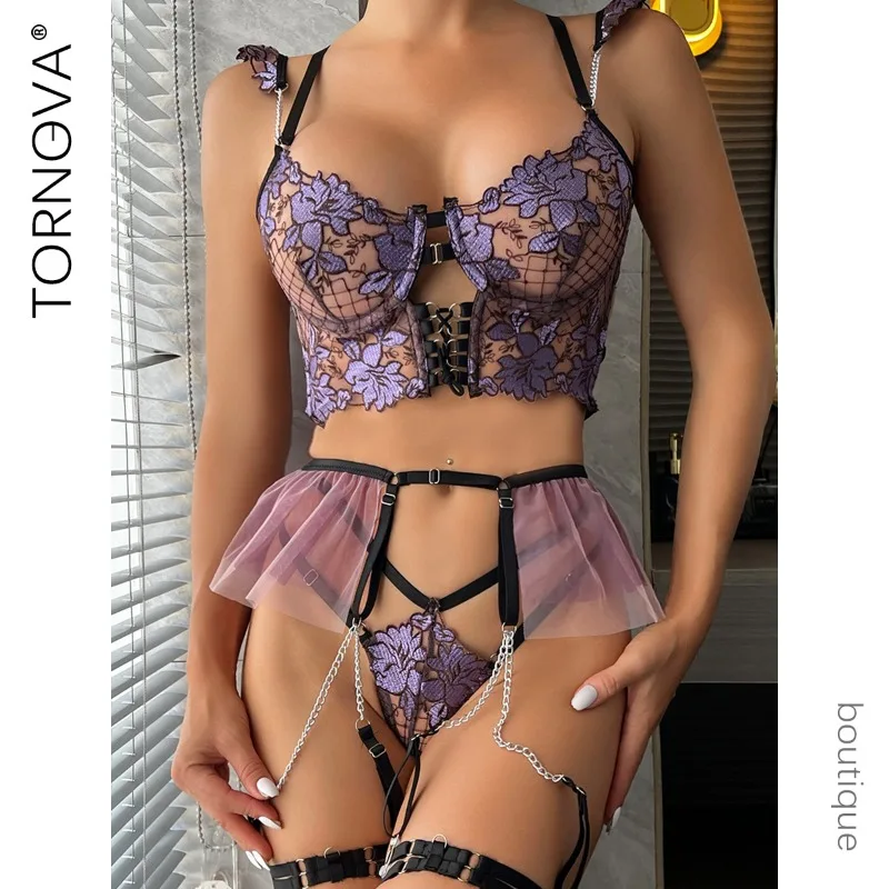 

Tornova Sexy Embroidery See-through Interesting Underwear Panty Garters Skinny Exposed Navel Patchwork Hollow Out Sexy Underwear