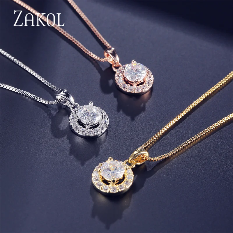 ZAKOL Nigerian Round Cubic Zirconia Wedding Jewelry Sets for Women Classic Micro Inlay Crystal Bridal Earrings Necklace Set