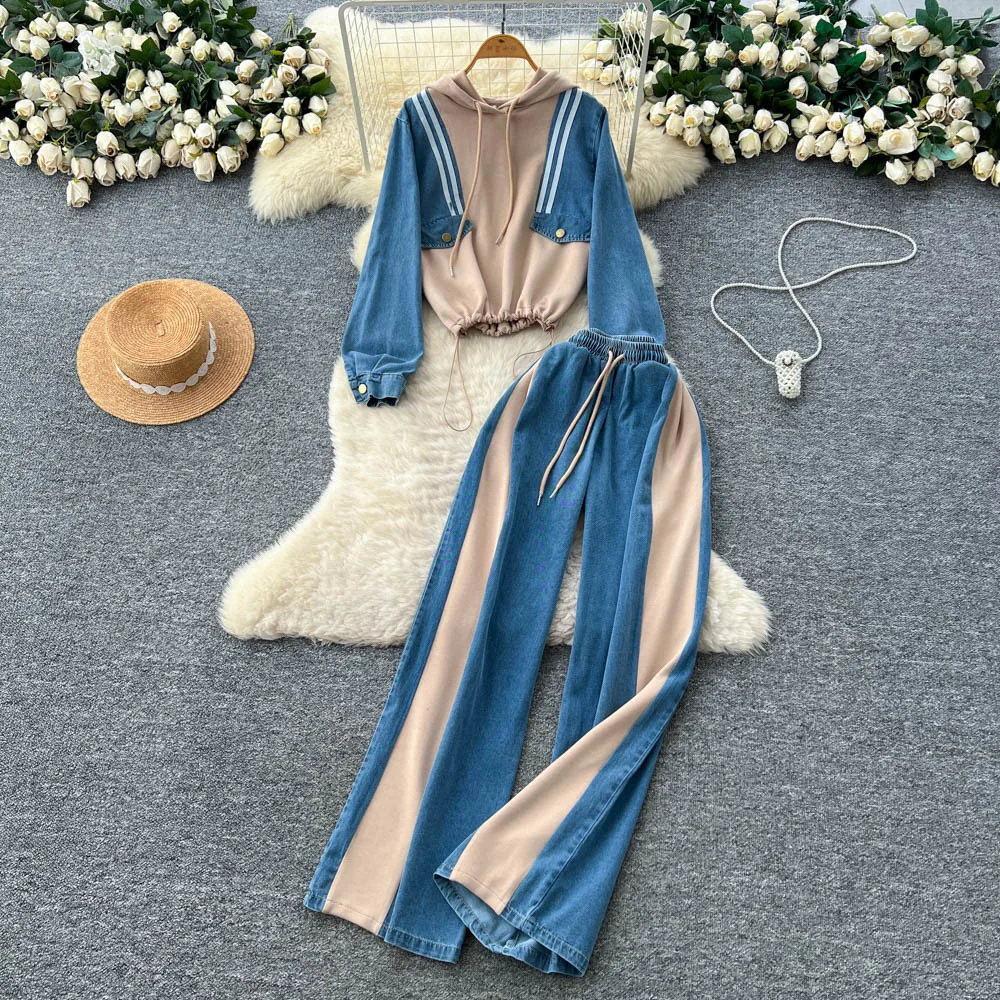 

Pant Set Women Two Piece Sets Hooded Denim Sweatshirts Wide Leg Long Pants Lace Up Elastic Waist Y2k Streetwear Casual Loose