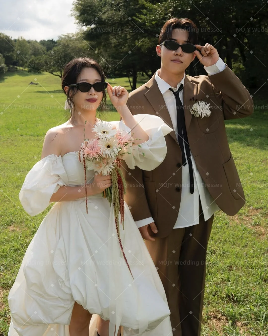 Mojy Elegant High Low Wedding Party Dress Off Shoulder Puff Sleeves Ivory Korean Photo Shoot Bridal Reception Gown Customized