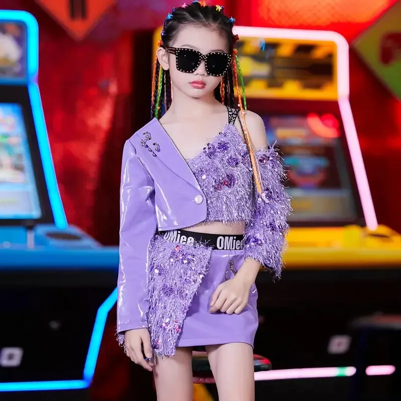 

Kids Hip Hop Dance Costumes Purple Tassel Set Girls Jazz Performance Clothing Children Modern Dancing Stage Outfit