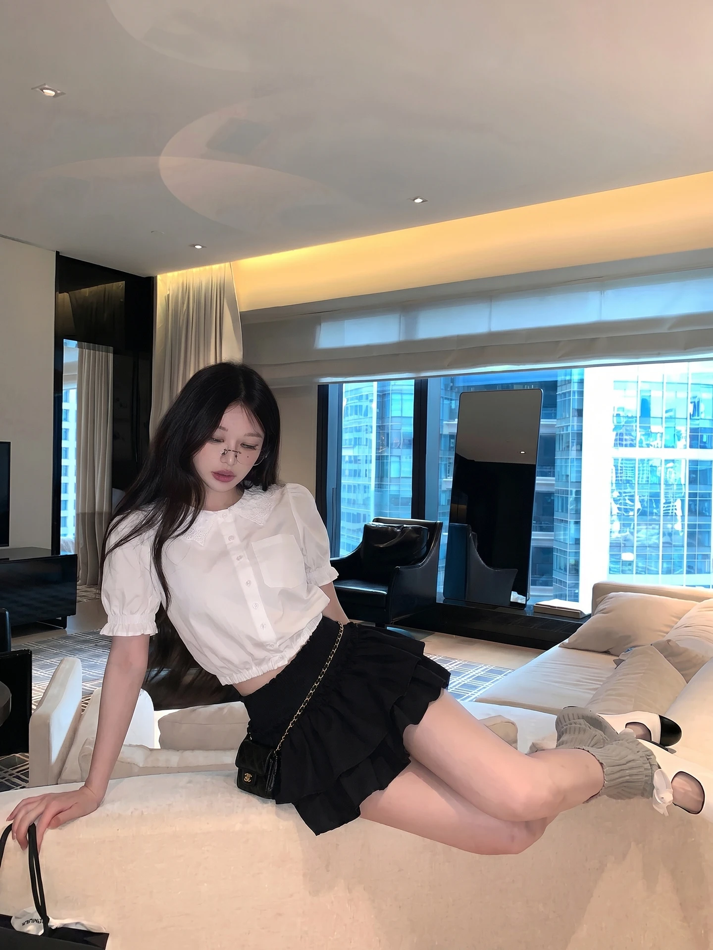

Black Strawberries Miu Style Set Doll Collar White Shirt Women Summer Lace Half Skirt Two Piece Set Short Sleeve High Waist