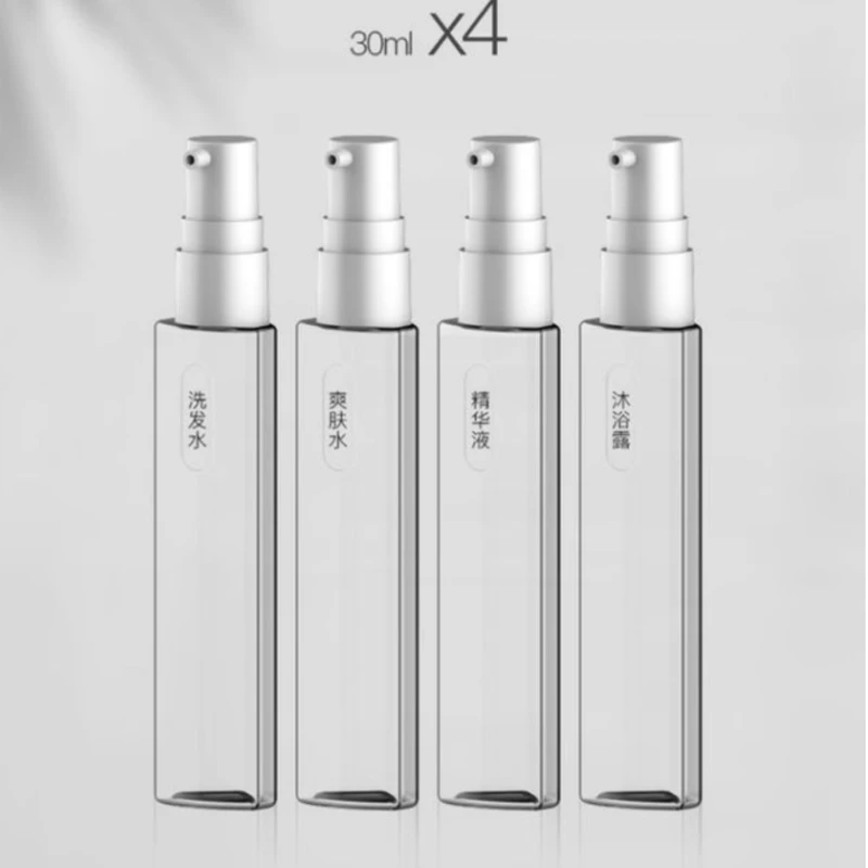 Dispensador de líquido de viagem 4 em 1, garrafa dividida, shampoo, loção, gel de banho, sabonete, sub-garrafa vazia, recipiente de imprensa