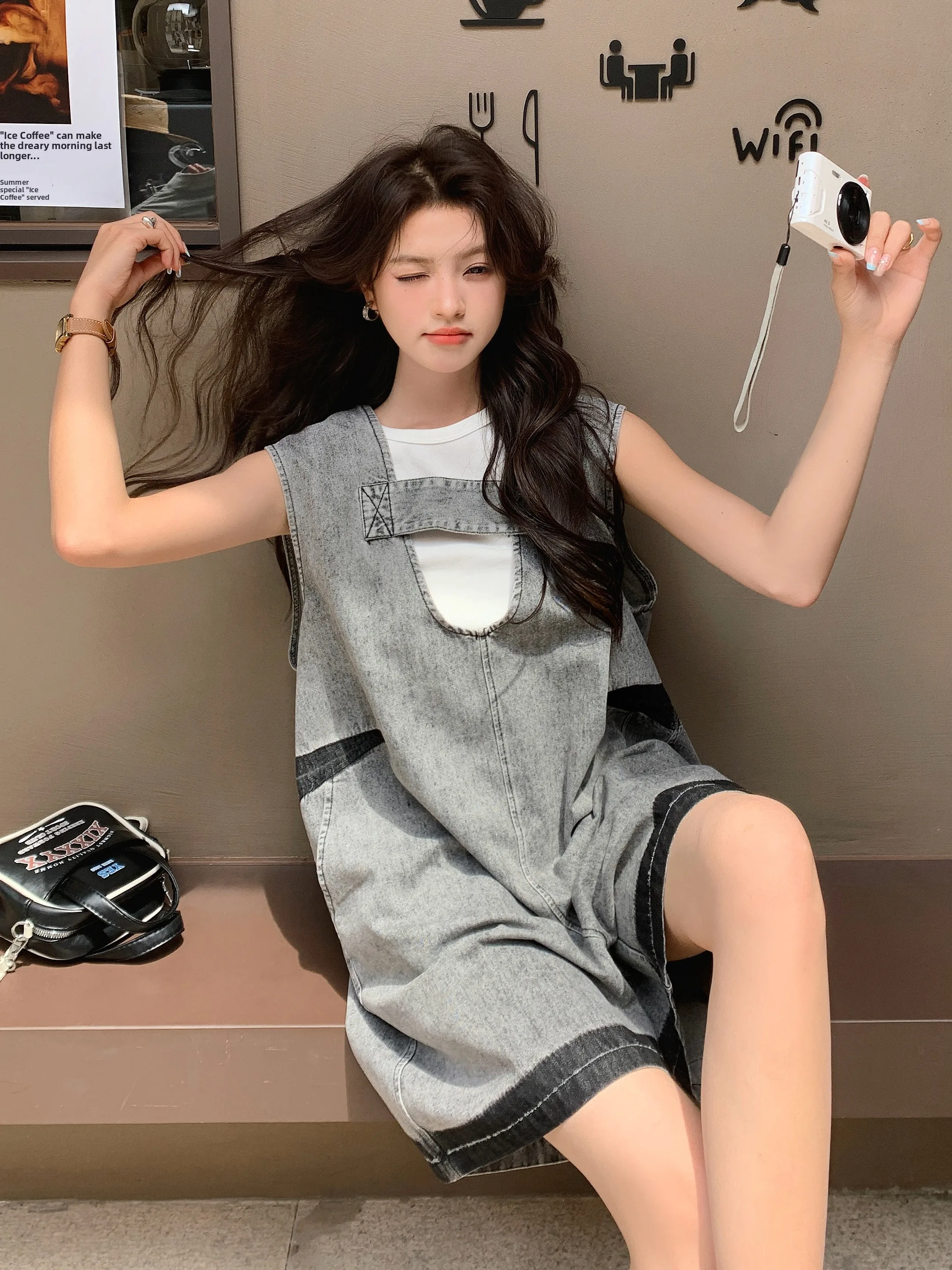 

e ey Denim Jumpsuit Women's Summer New Sle Salt And Sweet Small Design Sense Wide Leg orts Suit