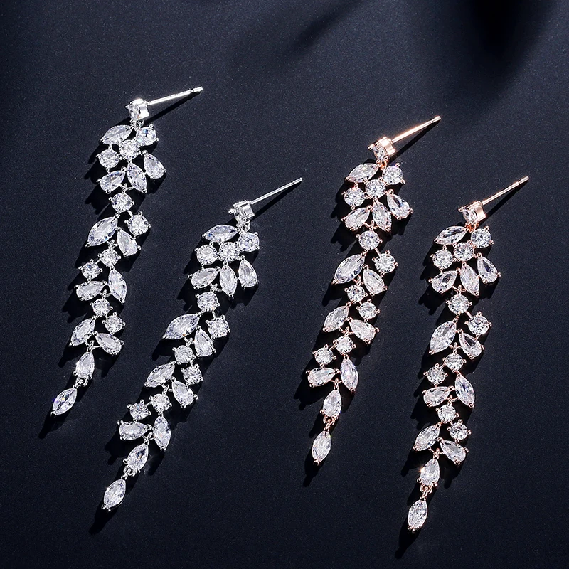 

ZAKOL Fashion Cubic Zirconia Leaf Long Dangle Earrings for Women White Leaves Drop Earring Bridal Wedding Jewelry Gifts