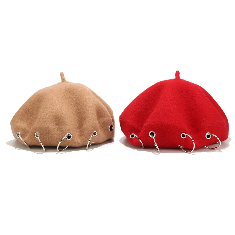 Stylish British Retro Painter Beret for Women Hip-Hop Wool Beret with Metal Eyelet Rings Vintage Casual Winter Hat