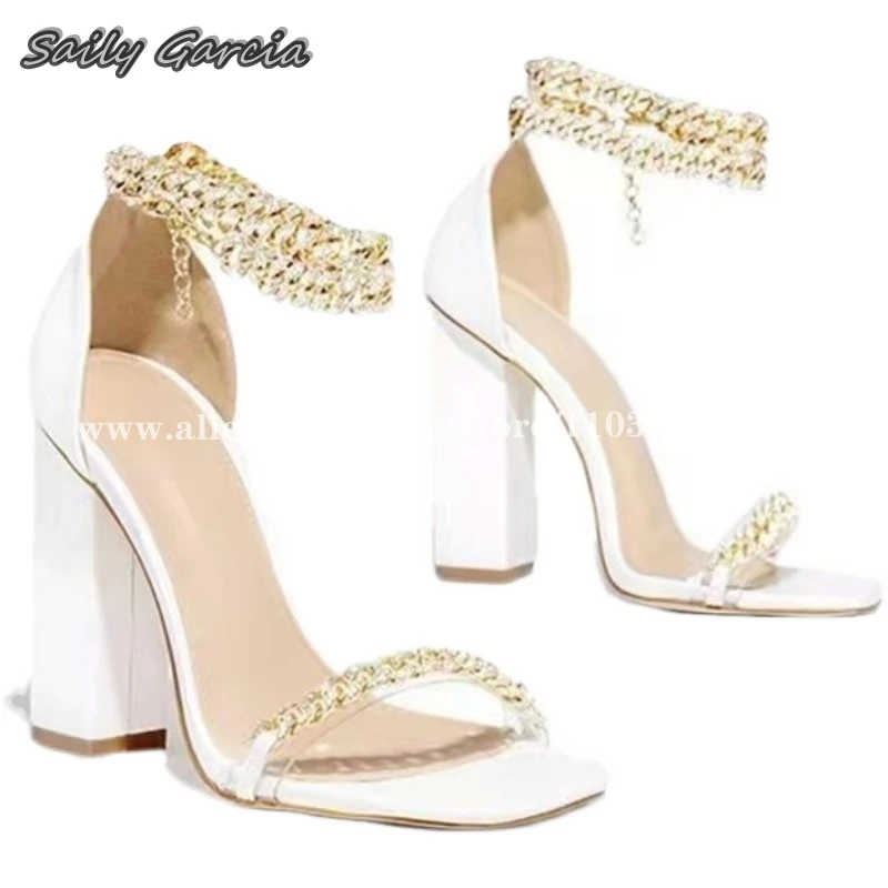 Gold Metal Chain Crystal Chunky Heel Sandals 2024 Summer NEW All-Match Sexy Pumps Open Toe One Word Belt Luxury Party High Heels