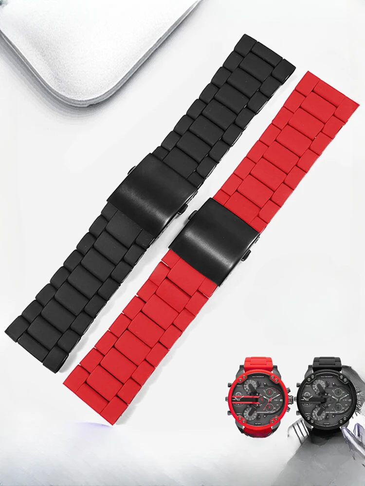 Silicone Coated Steel Watch Strap for Diesel Strap RED MAGIC Dz7370 Dz7396 Red Black 24 26 28 Double Press Buckle Accessories