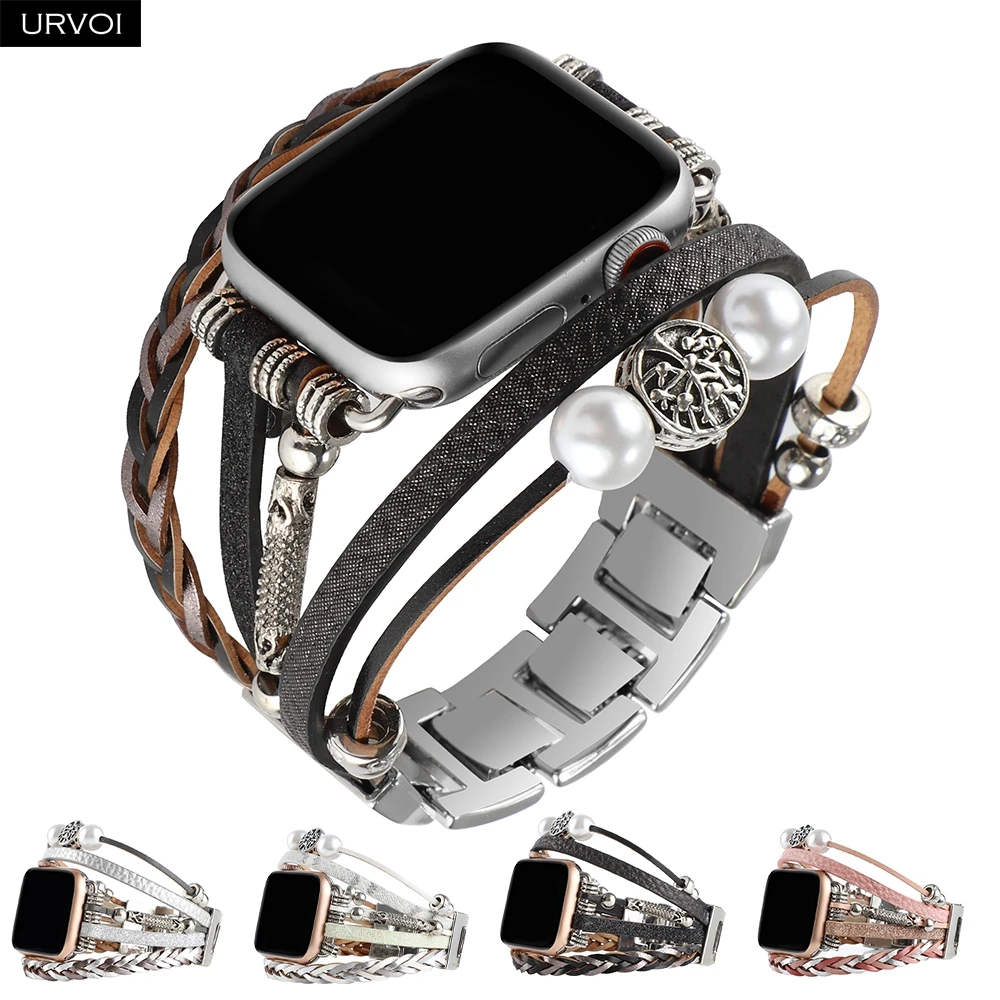 

Ремешок URVOI для Apple Watch серии 10, 9, 8, 7, 6SE54, декоративная цепочка для iWatch для девочек, модный жемчужный браслет, складная застежка, 41 мм