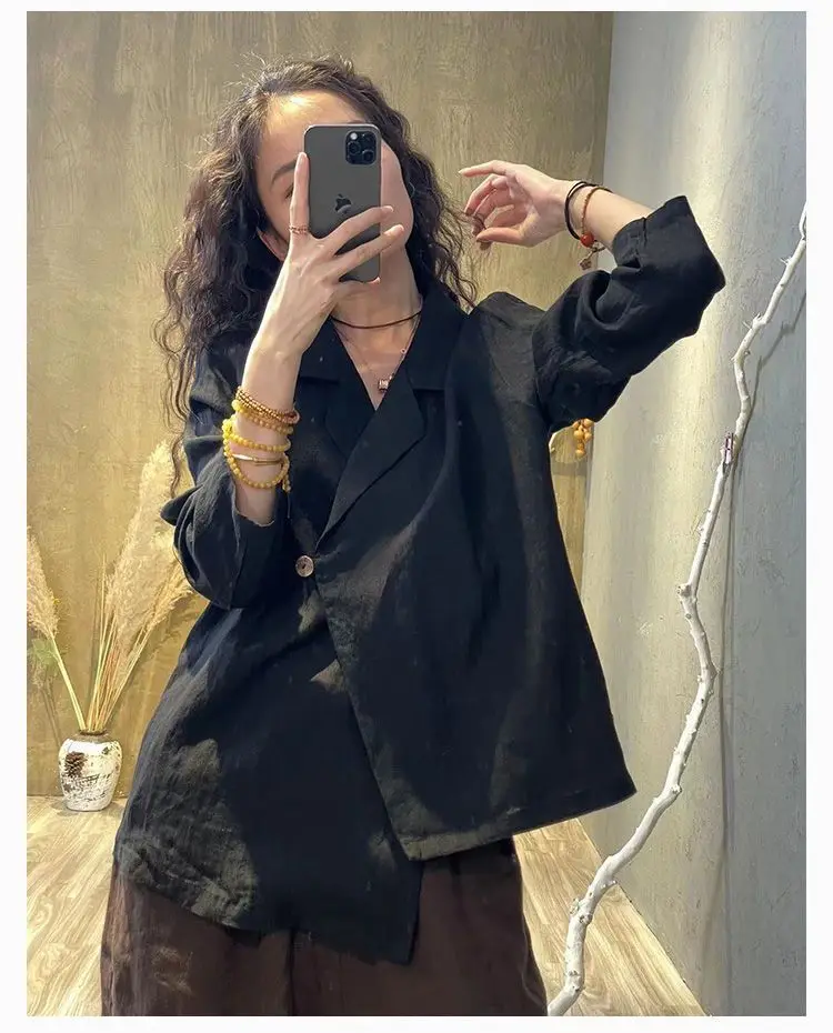 ใหม่แฟชั่นบริสุทธิ์ลดอายุเสื้อสูทผู้หญิง Retro วรรณกรรมอารมณ์สบายๆปุ่มเสื้ออินเทรนด์