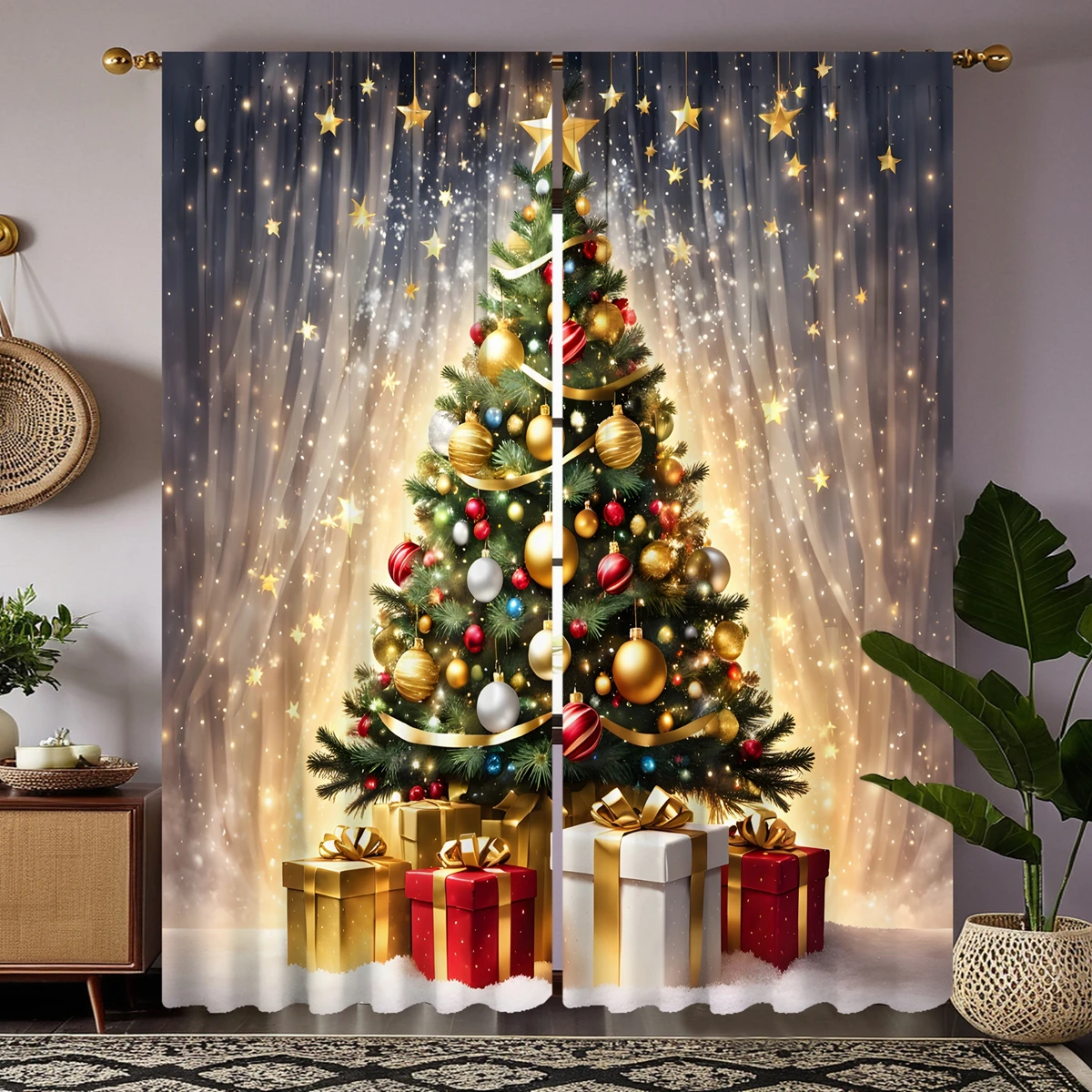 2pcs HD Starlight under Christmas tree gift box decorative curtain Yellow tie digital printed curtain Home decoration style d