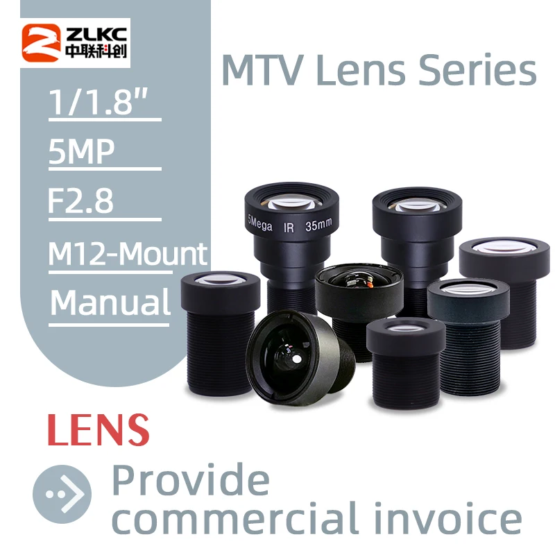 ZLKC M12 Lens 1/1.8 ‘’ 3.37mm 6mm 8mm 12mm 16mm 25mm 35mm 50mm MTV Lenses F2.8 Machine Vision Cameras S/M12 Mount Low Distortion