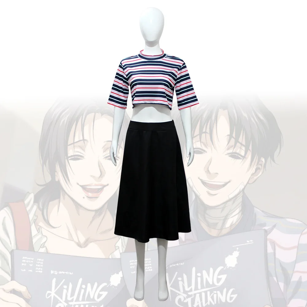 

Manga Killing Stalking Yoon Bum Cosplay Costume Yoonbum Black Brown Short Wig T-Shirt+Skirt Set Halloween Carnival Suit Unisex