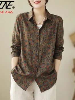 THHONE-Blusas grandes para mulheres, camisa solta, estilo coreano, estampada, casual, algodão, tops de linho, tamanho grande, novo, 2024