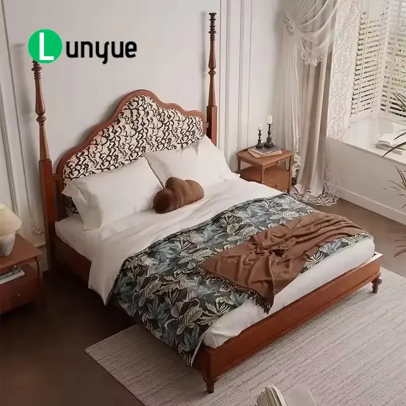 Mid Century Modern 1.5m Queen Size Platform Bed Hand Carved Solid Wood Soft Upholstered Double Bed Frame for Bedroom Home